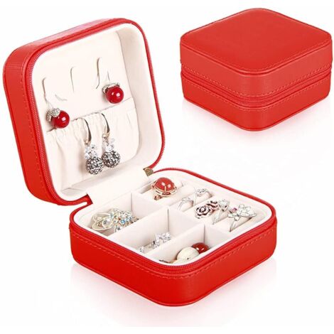 Boîte à bijoux petit sac de rangement de bijoux de voyage sac de rangement en cuir PU pour dames filles support portable rouge