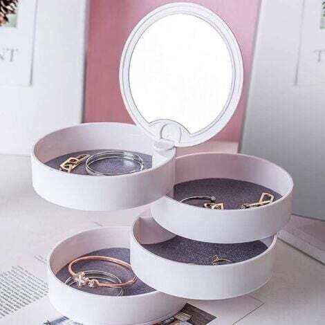 Boite a Bijoux Petite Rangement Bague 4 Niveaux Rotation de 360°avec Couvercle de Miroir Stocker Boucle d'oreille Cadeau pour Fete des Mères Saint Valentin