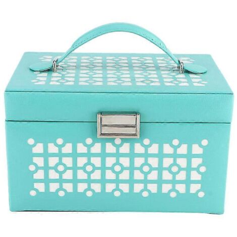 Boîte à bijoux portable en cuir PU de grande capacité avec miroir (bleu clair)