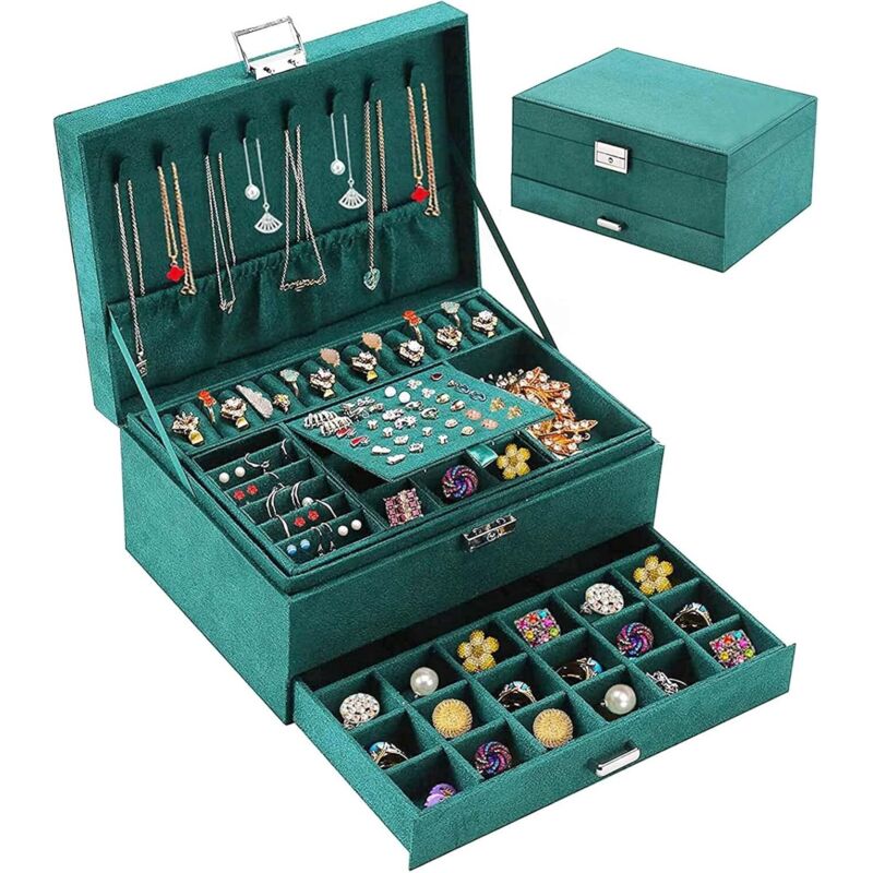 Linghhang - Boîte à Bijoux pour Femme, 3 Couches Rangement Bijoux en Velours, Coffret Bijoux de Voyage, Organisateur à Bijoux Verrouillable, Jewelry
