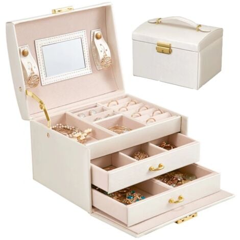 Boite a Bijoux pour femme avec miroir, boîte à bijoux en cuir à 2 tiroirs, coffre à bijoux verrouillable doublure en velours rangement pour bagues, boucles d'oreilles, colliers et bracelets(Blanc)