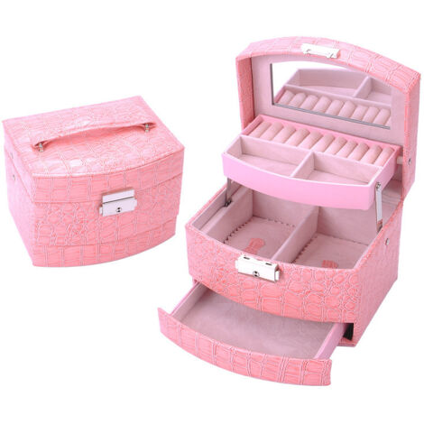 Boîte à bijoux pour femme, boîte à bijoux de voyage portable en cuir verrouillable à 3 niveaux avec miroir et serrure pour filles, bague, boucles d'oreilles, collier(Rose)