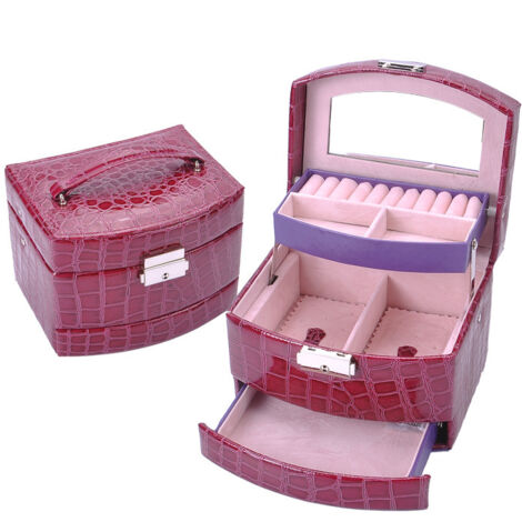 Boîte à bijoux pour femme, boîte à bijoux de voyage portable en cuir verrouillable à 3 niveaux avec miroir et serrure pour filles, bague, boucles d'oreilles, collier(Violet)