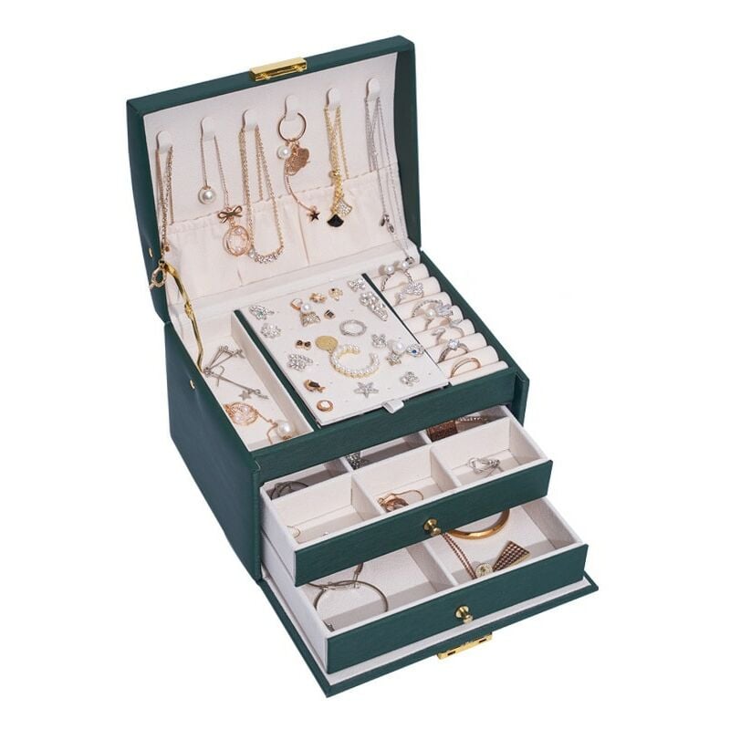 Boîte à bijoux pour femme, boîte de rangement à bijoux, boîte à bijoux de voyage avec 2 serrures de tiroir pour bagues, bracelets, boucles