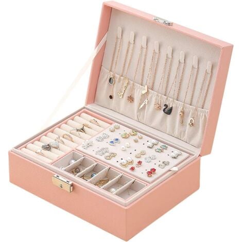 DENUOTOP Boîte à Bijoux pour Femme, Coffret à Bijoux en Cuir Verrouillable de 2 Couches Organisateur à Bijoux, Petit Jewelry Stockage Cas Rangement pour Bagues Boucles D'oreilles Colliers (Rose)