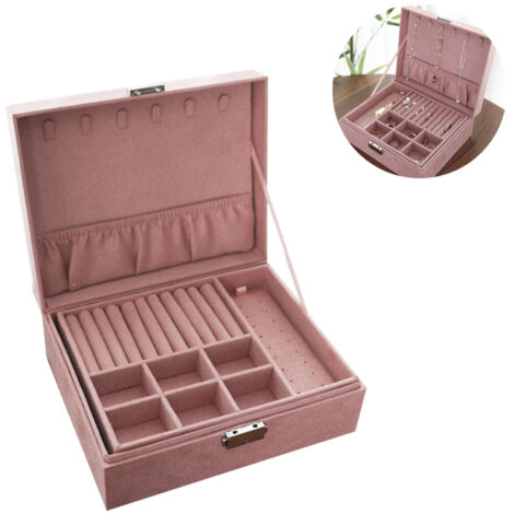 Boîte à bijoux pour femme, double compartiment, grande capacité, présentoir verrouillable, convient pour boucles d'oreilles, bagues et colliers.