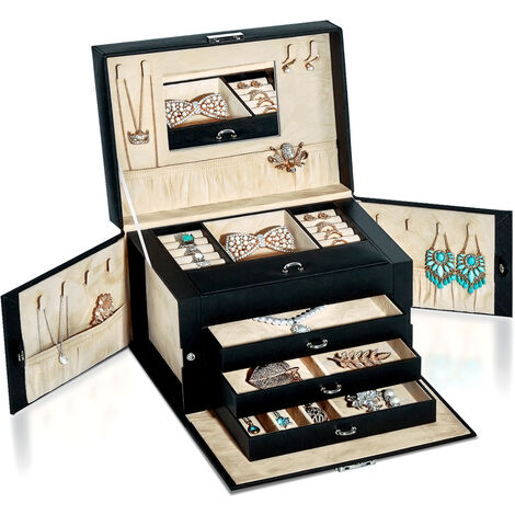 Boîte à Bijoux pour Femme Fille Rangement de Bijoux avec 3 Tiroirs 4 Couches en PU, Coffre à Bijoux avec Miroir, pour Colliers, Bagues, Bracelets, Gris -Meerveil