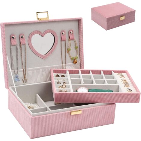 Boîte à bijoux pour femmes et filles, boîte de rangement de bijoux, grande boîte de rangement de bijoux en velours à 2 niveaux pour bagues, colliers, bracelets, montres, boucles d'oreilles (rose)