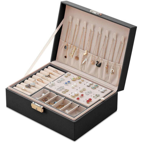 Boîte à bijoux pour femmes/filles, boîte à bijoux double compartiment grande capacité pour hommes, présentoir à bijoux en cuir PU avec plateau amovible, peut contenir colliers et boucles d'oreilles