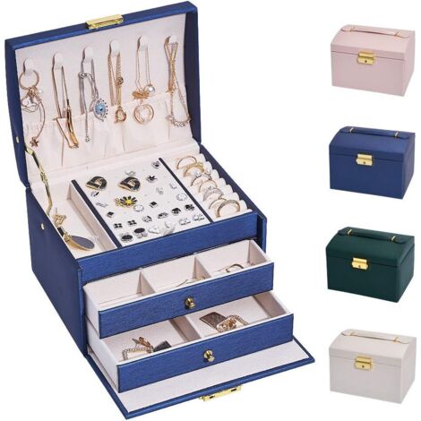 Boîte à bijoux, rangement de bijoux verrouillable, boîte à bijoux pour femme avec 2 tiroirs et 3 niveaux, organiseur de montres, collier, bague, bracelet, idée cadeau (bleu marine grand)