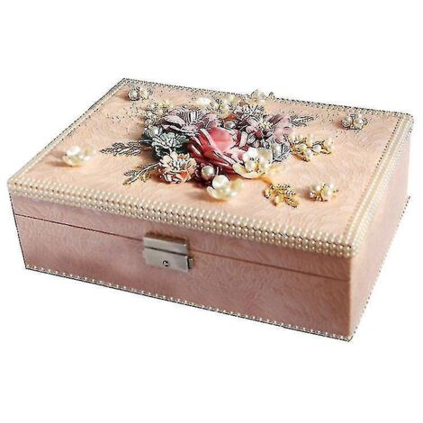 Boîte à bijoux rétro en bois à plusieurs niveaux et grande capacité avec fermoirs, rose.