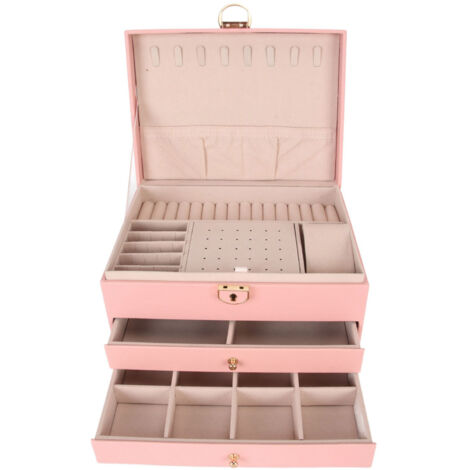 Boîte à Bijoux Rose avec 2 Tiroirs - Organisateur de Collier et Boucles d'Oreilles pour Femme - Coffret Rangement Simili Cuir