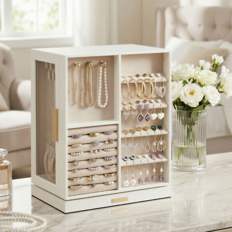 Boîte à Bijoux Rotative à 360°, Coffret de Rangement avec 5 Tiroirs, Fenêtre en Verre, Spacieux, Idée Cadeau, Blanc