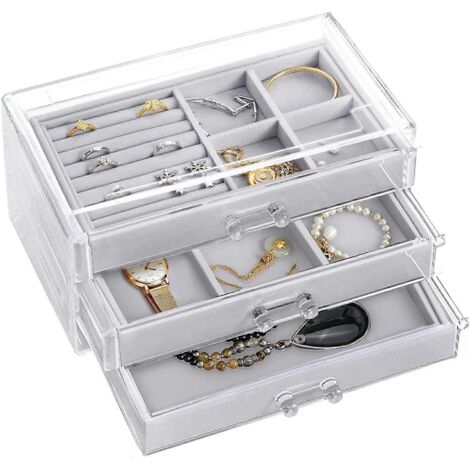 Boîte à bijoux transparente en acrylique velours, organisateur de bijoux pour femme avec 3 tiroirs pour bagues, boucles d'oreilles et colliers.