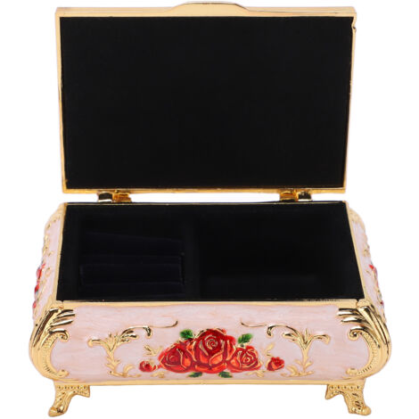 Boîte à bijoux vintage avec roses en relief, alliage de zinc, velours doux, couleurs vives, finition glossy, petite taille, or, blanc et rouge