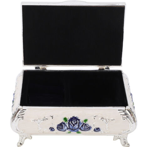 Boîte à bijoux vintage avec roses en relief, alliage de zinc, velours doux, couleurs vives, finition glossy, petite taille, sécurité optimale, motifs argent, blanc et bleu.