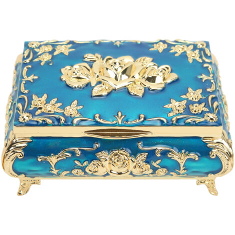 Boîte à bijoux vintage design rosace or et bleu, coffret de rangement élégant résistant à la rouille, décoration raffinée pour bijoux