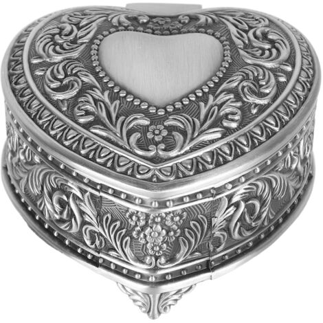 Boîte à bijoux vintage en forme de cœur en alliage léger, coffret à souvenirs argent antique pour bagues, boucles d'oreilles et broches