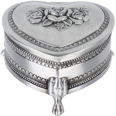 Boîte à bijoux vintage en forme de cœur métallique avec motif rose, organisateur pour bagues et boucles d'oreilles