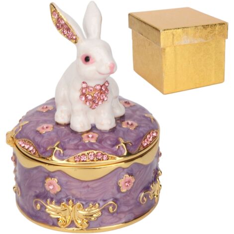 Boîte à bijoux vintage lapin en métal émaillé, motif floral gravé pour rangement de boucles d'oreilles, bagues et colliers