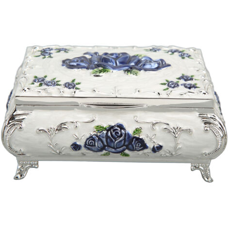 Boîte à Bijoux Vintage Rectangulaire en Métal - Coffret de Rangement Déco pour Femmes et Filles - Cadeau Élégant Argent Blanc Bleu Rose