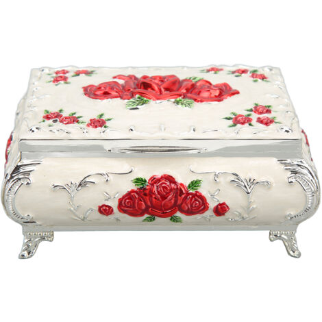 Boîte à bijoux vintage rectangulaire en métal, coffret de rangement décoratif pour femmes et filles, cadeau élégant argent, blanc, rouge et rose