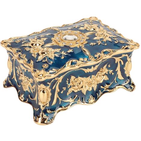 Boîte à bijoux vintage style européen avec doublure velours et ornements en alliage de zinc, organisateur élégant bleu et or pour cadeau d'anniversaire.