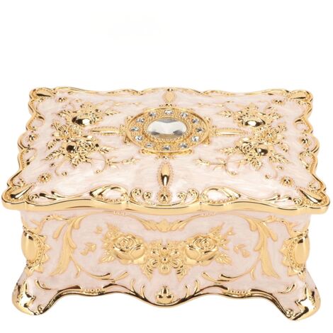 Boîte à bijoux vintage style européen, doublure velours élégante, organisateur en alliage zinc doré et blanc pour cadeau d'anniversaire