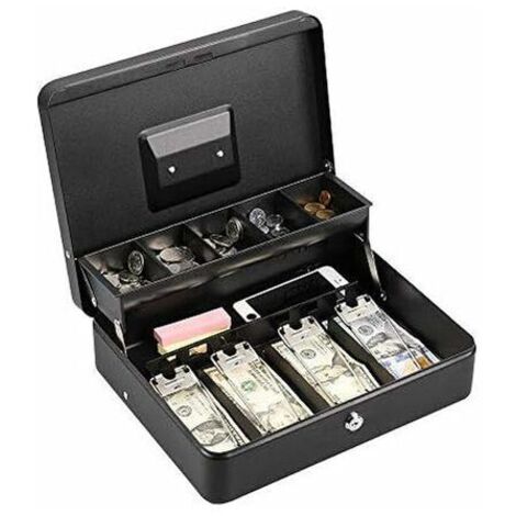 Boîte à billets en métal verrouillable argent, pièce de monnaie et boîte de sécurité grande caisse avec serrure - nouvelle boîte à billets en métal - noir