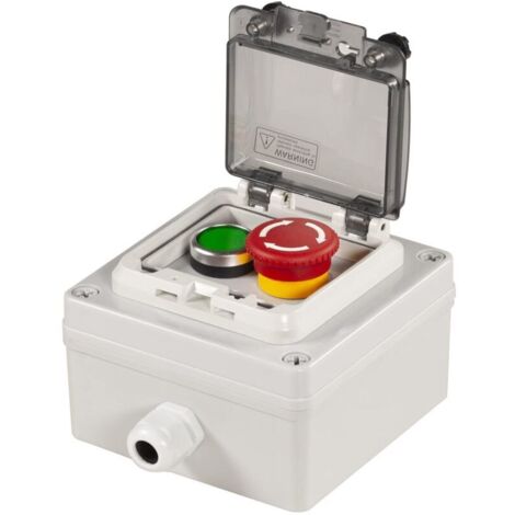 Boîte à boutons-poussoirs Ip67 avec bouton-poussoir d'arrêt d'urgence, bouton-poussoir vert avec couvercle de protection, interrupteur de fonctionnement infaillible (AC/DC 6a-110v/3a-240v/2,5a-380v)