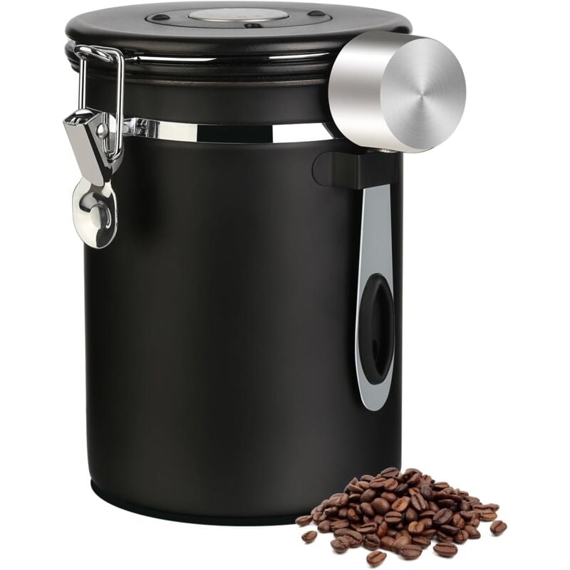 Houhence - Boîte à café hermétique de 1,8 l en acier inoxydable avec cuillère, suivi de la date et valve de libération de CO2 pour grains, moulu,