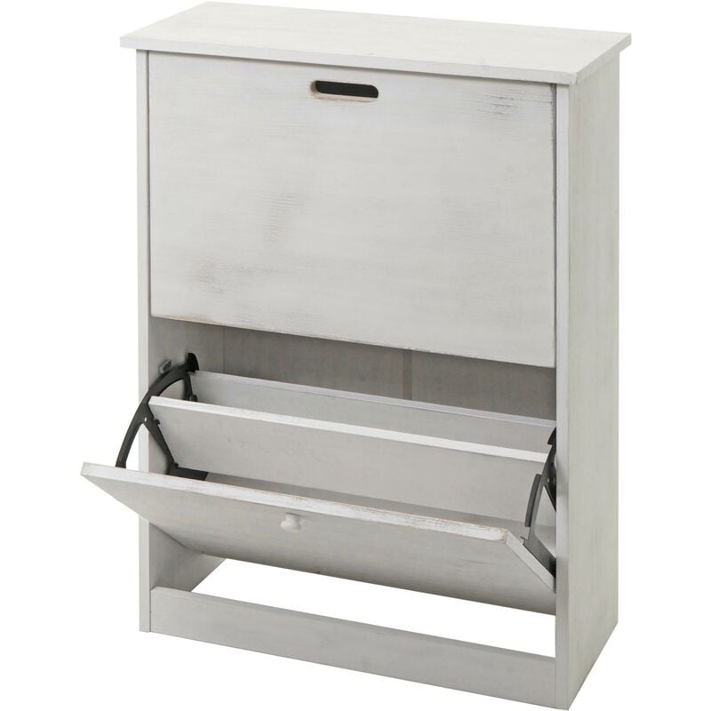 HHG - jamais utilisé] Meuble à chaussures 398, armoire à chaussures, 81x60x25cm 2 abattants, mdf en paulownia, blanc shabby