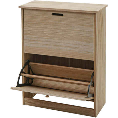 Boite à chaussures HWC-K45 - armoire à chaussures - 81x60x25cm 2 abattants - MDF en paulownia certifié MVG - brun naturel