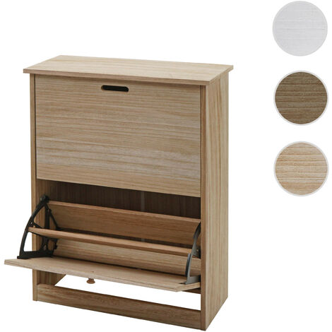 Boite à chaussures HWC-K45 - armoire à chaussures - 81x60x25cm 2 abattants - MDF en paulownia certifié MVG - gris-brun