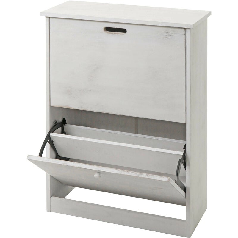 Boite à chaussures HWC-K45 - armoire à chaussures - 81x60x25cm 2 abattants - mdf en paulownia certifié mvg - shabby blanc
