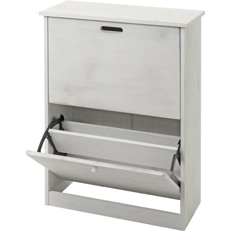 Boite à chaussures HWC-K45 - armoire à chaussures - 81x60x25cm 2 abattants - MDF en paulownia certifié MVG - shabby blanc