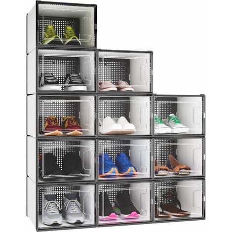 Lot de 12 Boîtes à Chaussures/Rangement Transparentes Empilables en  Plastique avec porte et aération 36x28x21cm