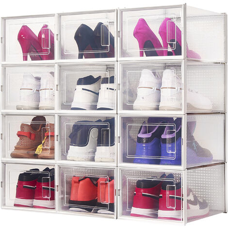Meerveil Boîte à Chaussures, Boîte de Rangement en Plastique pour Chaussures ,avec Porte，Pliable，Lot de 12，Noir, M