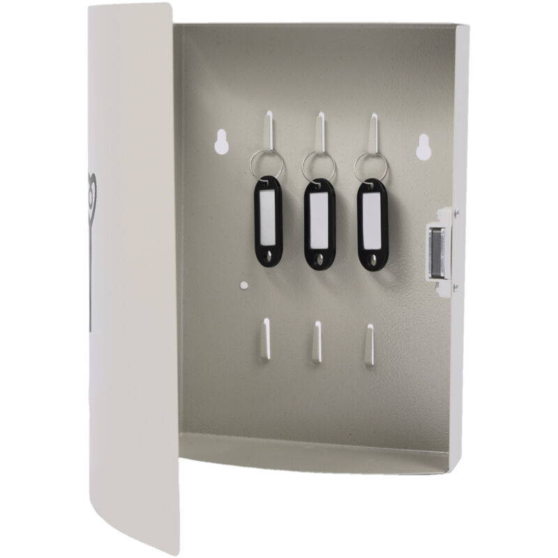 Boîte à clés Relaxdays, avec porte, 9 clés, symbole de clé, H x L x P : 24 x 21 x 6,5 cm, fermeture magnétique, blanche