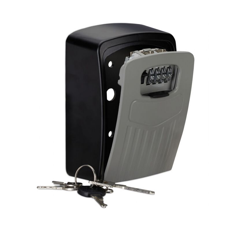 Boite à clés sécurisée, combinaison 4 chiffres, code coffre fort clef garage, 14,5 x 10,5 x 5 cm, noir/gris