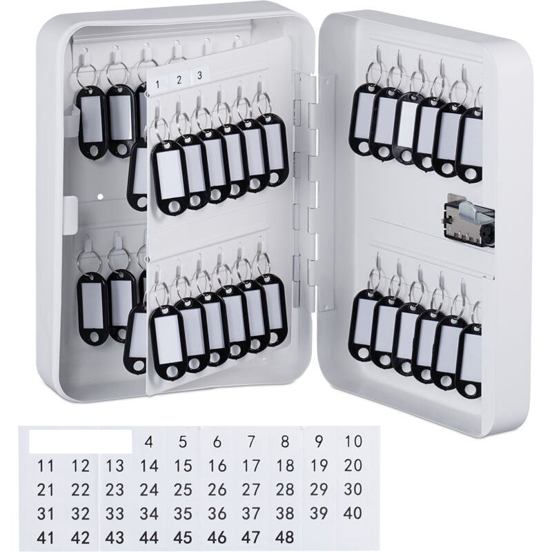 Relaxdays - Boite à clés sécurisée, combinaison 3 chiffres, 48 crochets, avec porte-clés étiquetés, fer, blanche