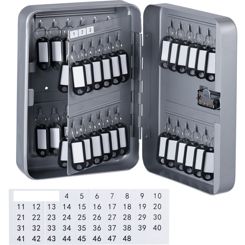 Relaxdays - Boite à clés sécurisée, combinaison 3 chiffres, 48 crochets, avec porte-clés étiquetés, fer, grise