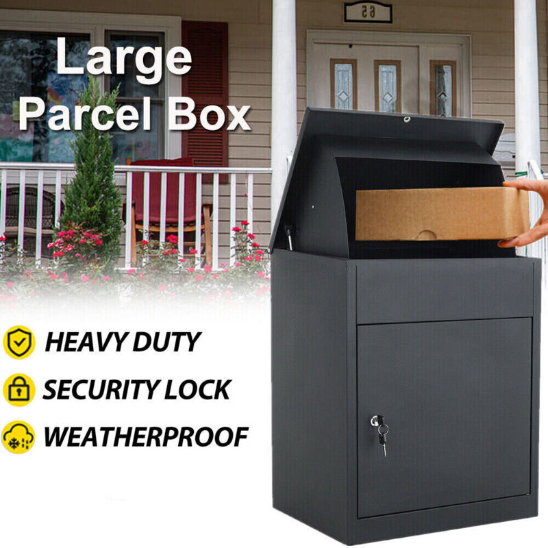 Boite à Colis/Boite aux lettres Acier Galvanisé avec rabat de sécurité,Serrure à Cylindre,Usage domestique Courrier Paquet école,44.5x35x58cm,Noir