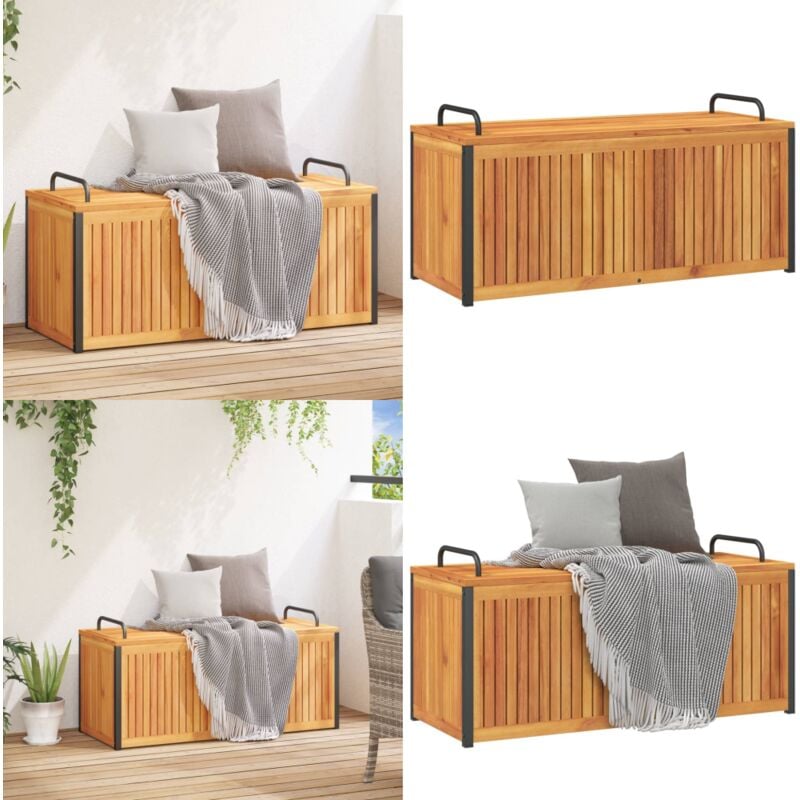 Boîte à coussins d'extérieur bois d'acacia solide et acier - Boîte à Coussins - Coffre De Jardin - Rangement Extérieur - Meuble De Jardin - Acacia