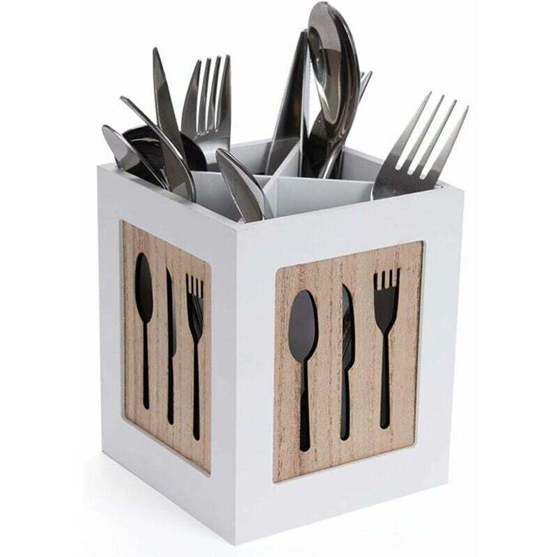 Boîte à couverts en bois - Panier à couverts pour cuillère, fourchette, couteau - Range-couverts décoratif avec motif couverts - Pour table à manger,