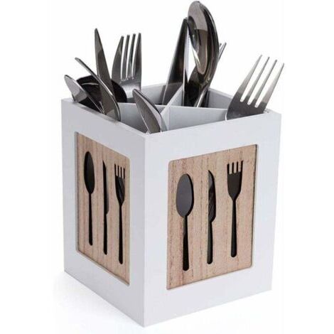 Boîte à couverts en bois - Panier à couverts pour cuillère, fourchette, couteau - Range-couverts décoratif avec motif couverts - Pour table à manger, cuisine, restaurant - Blanc