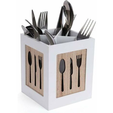Boîte à couverts en bois - Panier à couverts pour cuillère, fourchette, couteau - Range-couverts décoratif avec motif couverts - Pour table à manger, cuisine, restaurant - Blanc