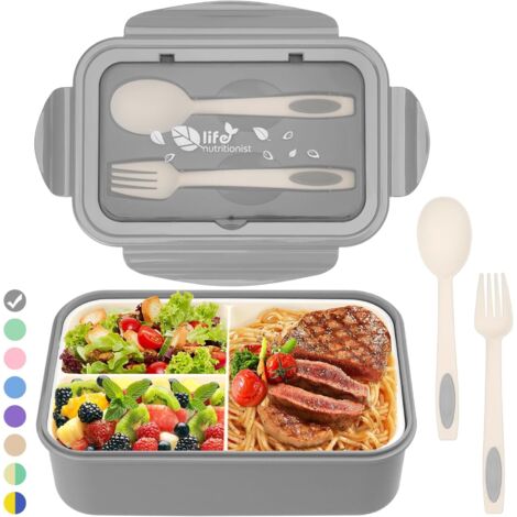 Boîte à Déjeuner 3 Compartiments - 1400ml - Plastique PP Sans BPA - Micro-ondes et Lave-vaisselle - Avec Couverts - Gris