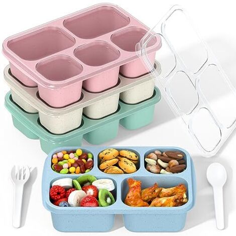 Boite A Dejeuner Bento - 5 Compartiments - En Paille De Ble - Micro-Ondes Congelateur Lave-Vaisselle - Pour Adultes Et Enfants - Lot De 4
