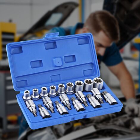 Boîte à douilles pour embouts de tournevis, 19 pièces, boîte en plastique bleu, argent